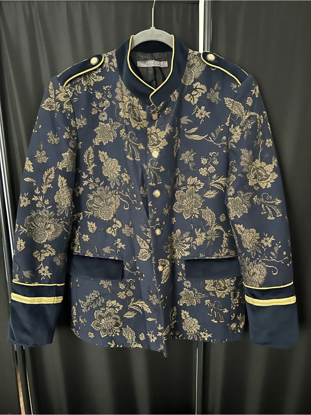 Zara Navy Blue Blazer with Gold Floral Brocade